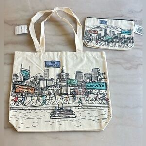 NWT Beary Blu Canvas Tote & Pouch Set Nashville & LA City Skyline
